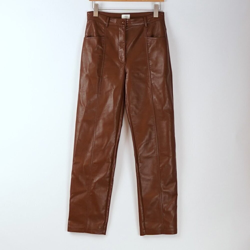 Aritzia Wilfred Rebel Vegan Leather Pants High Waisted Straight Leg Brown - 8